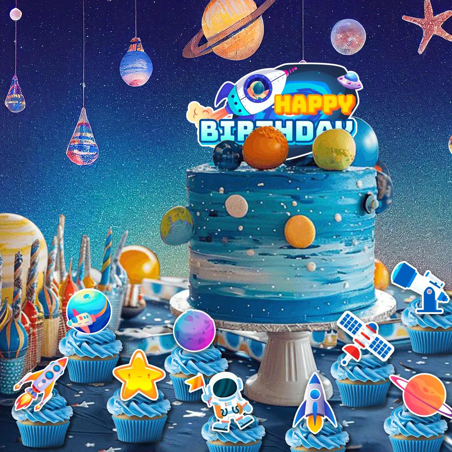 قطعة علوية للكيك الفضائية، 25 قطعة من زينة الكيك الفضائي - قطعة علوية للكيك على شكل مساحة + 24 قطعة علوية لتزيين حفلات الفضاء #3