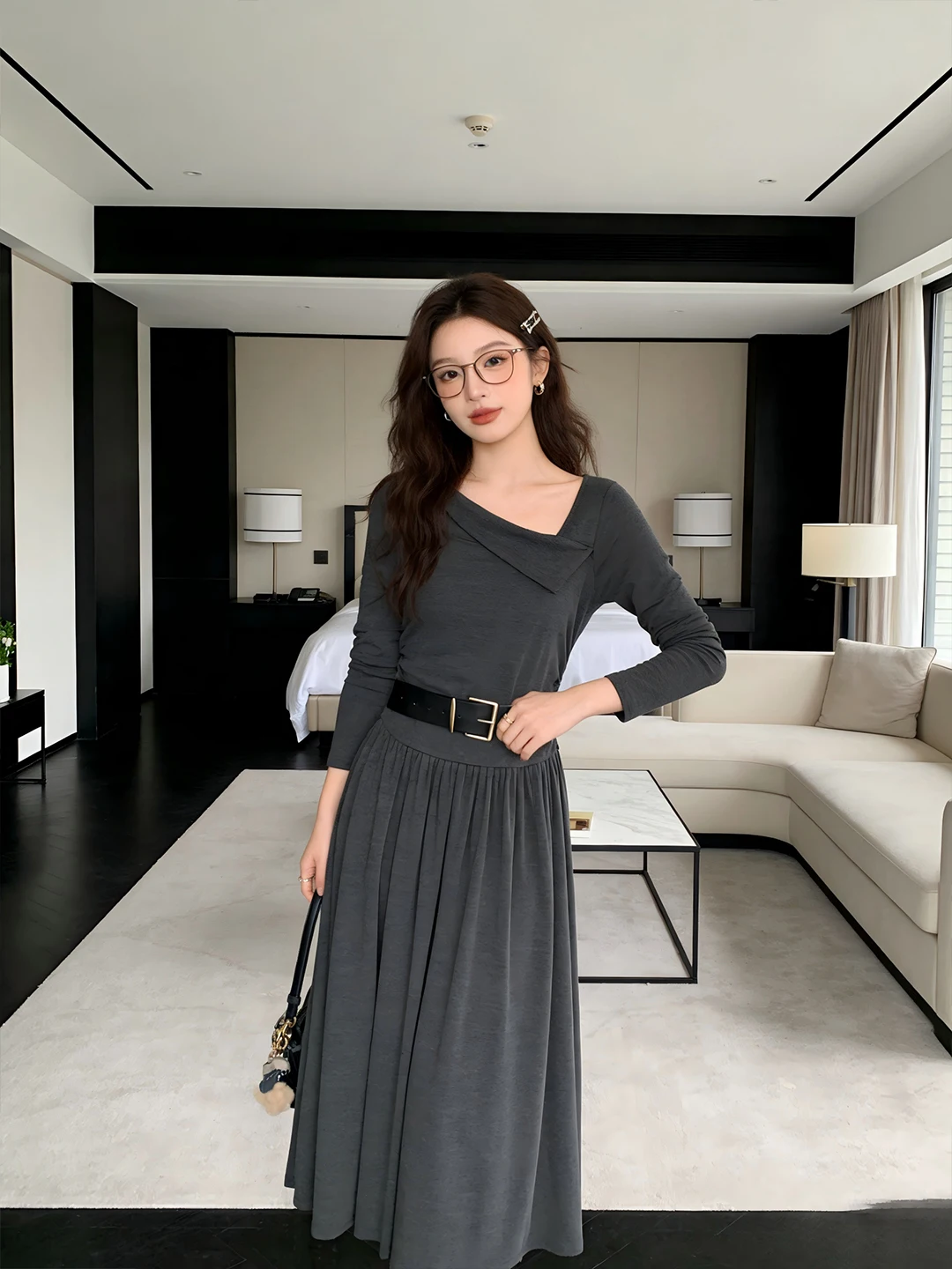 

Корейский стильный комплект средней длины с асимметричным воротником и поясом, изысканный и нежный, для осени и зимы, женский, с высокой талией...