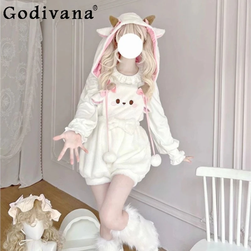 

Autumn and Winter Lolita Cute Bear Hooded Plush Bud Pants Long Sleeve Inner Shirt Girls Kawaii Sweet Y2k Overalls Women's Outfit