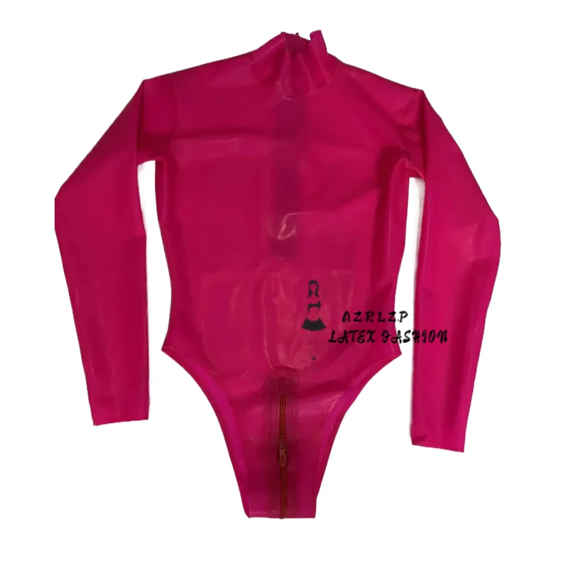 Men\'s 100% Latex Bodysuit Long Sleeve High Cut Leotard Rubber Swimming Catsuit Crotch Zipper