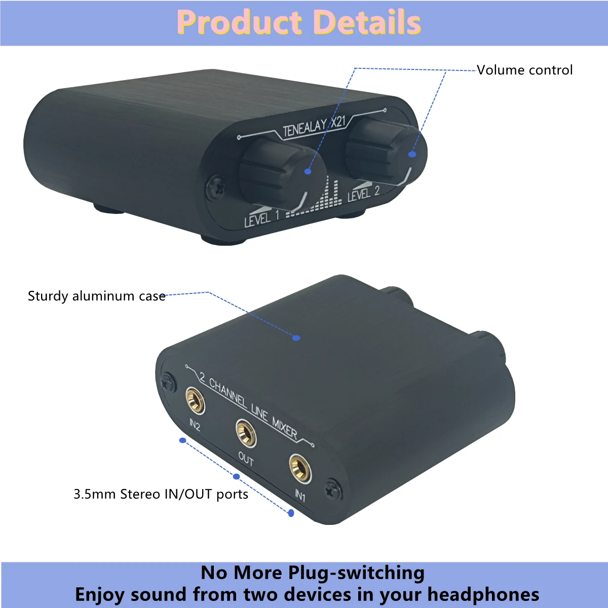 2 Way Audio mixer 3.5mm Un-powered mixer, 2 to 1 Stereo aux 3.5mm line levels control Box mini passive mixer -X21