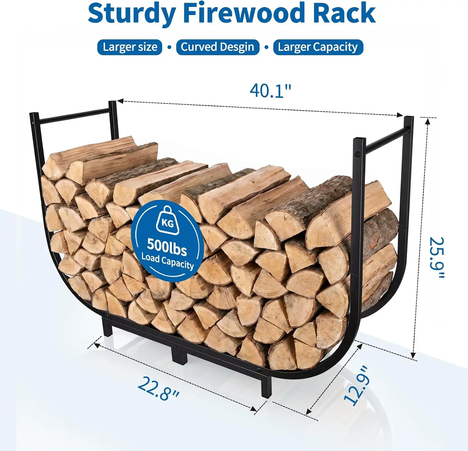 Firewood Rack Outdoor w Thicken Cover, 40 Inch Indoor Large Firewood Rack-Stable Curved Firewood Storage Heavy Duty & Rustproof Metal Log Holder w Hook for X-mas Decoration or Tools Nearby Fireplace - view 4
