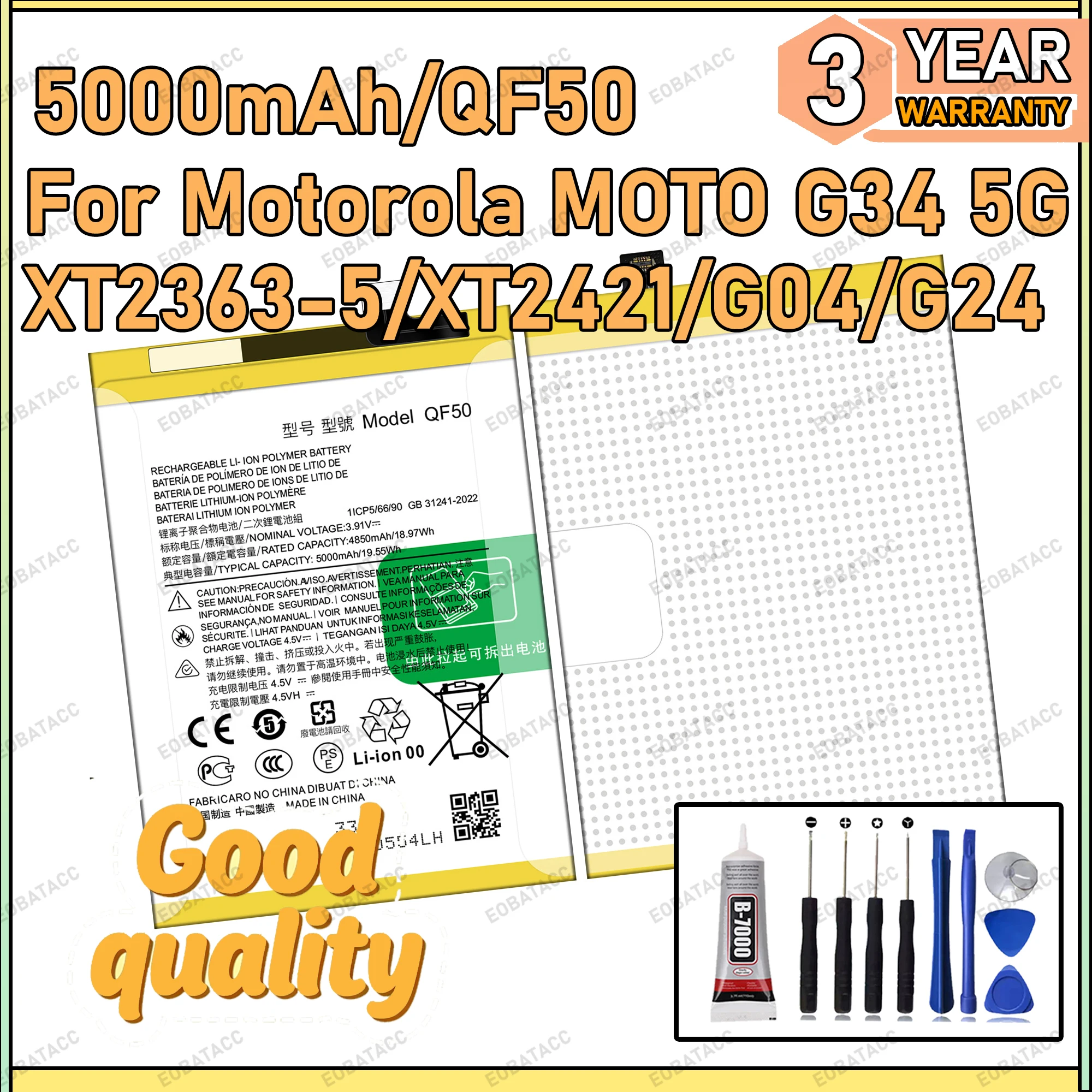 

100% New Zero Cycle QF50 Battery For Motorola Moto G34 5G/XT2363-5/XT2421/G04/G24 Bateria Battery+Free Tools