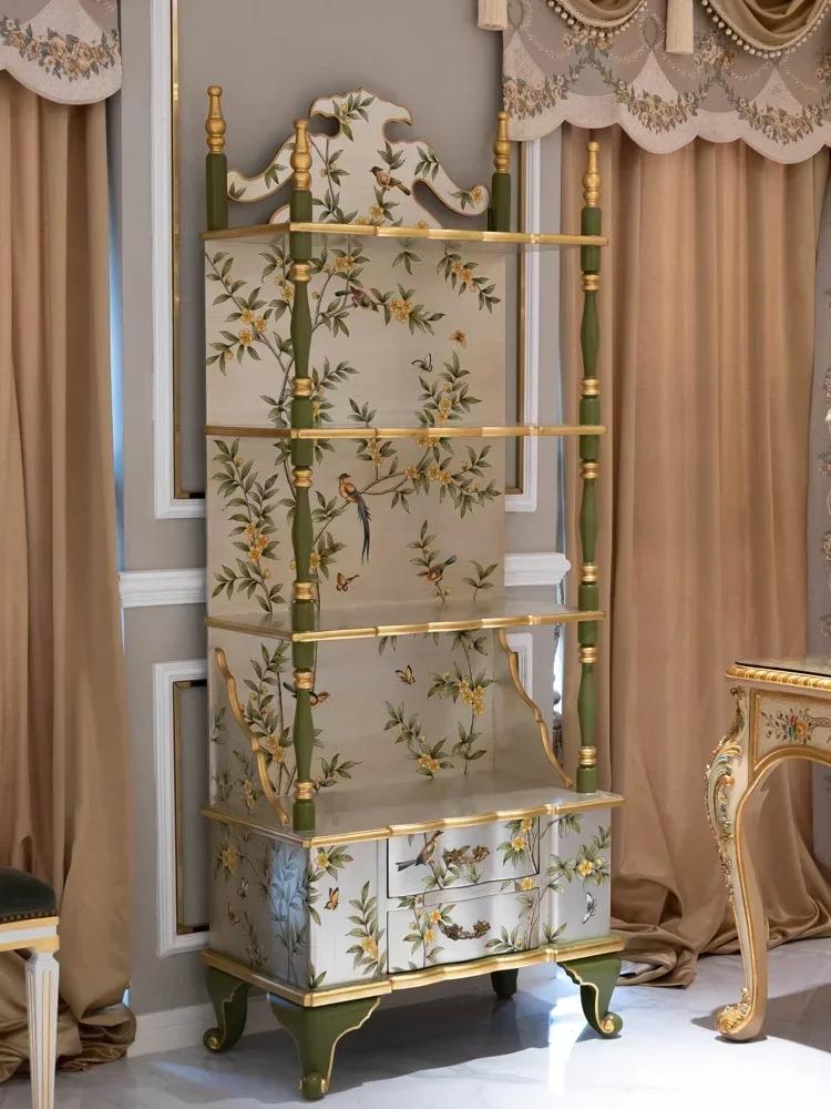 French Luxury Elegant All Solid Wood Carving Silver Paste Painted Flowers and Birds Green Curio Cabinet Storage Layer Shelf