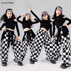 Girls Hip Hop Off Shoulder Crop Top Plaid Joggers Pants Clothes Sets Kids Streetwear Children Jazz Street Dance K-pop Costumes