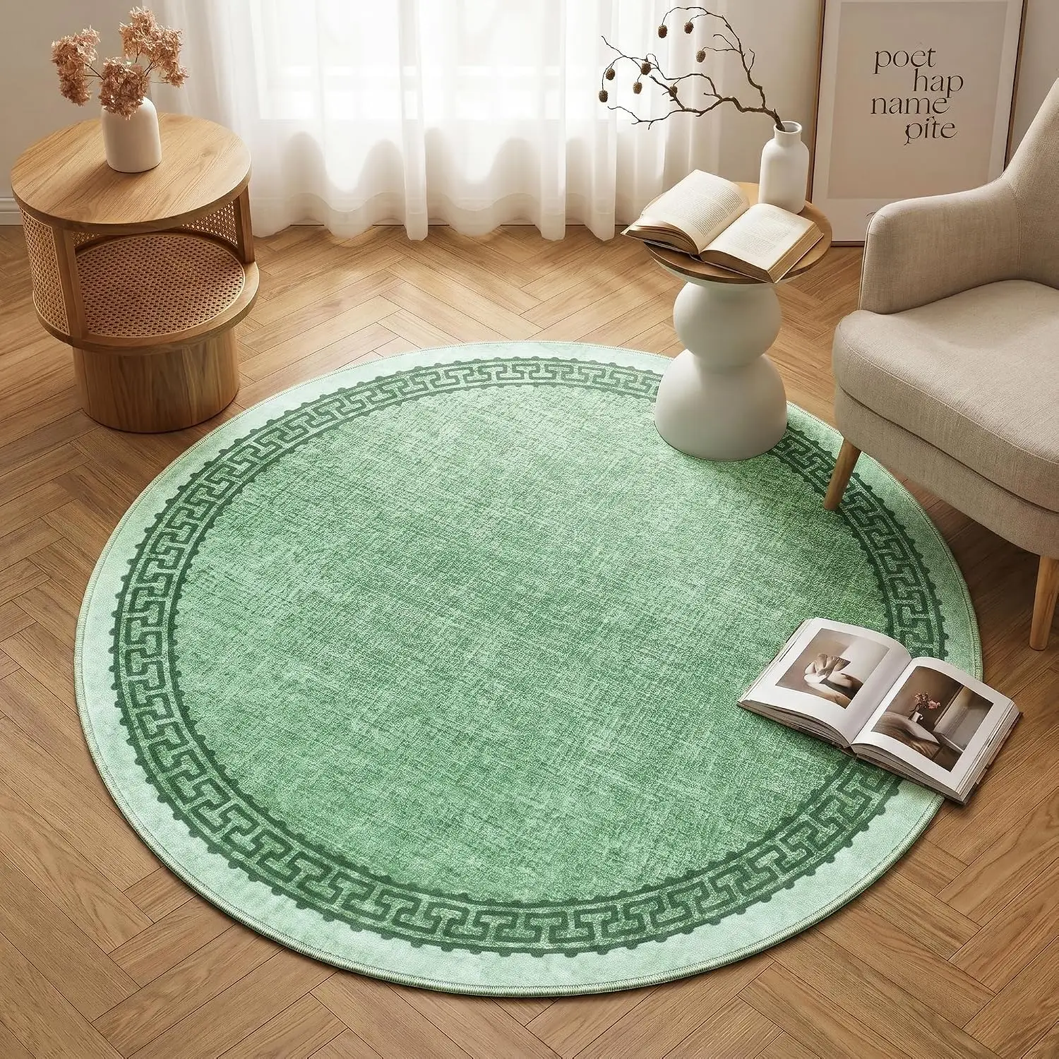 Round Green Polyester Area Rug Mat with Greek Key Pattern Design Soft Floor Carpet for Living Room Home Decor