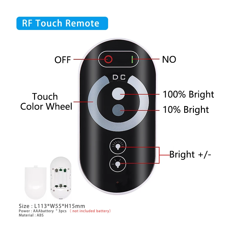 RF LED Single Color Strip Light Controller 12V 24V DC 18A 1 Channel PWM Lamp Signal Dimmer Full Touch Wireless Remote Control