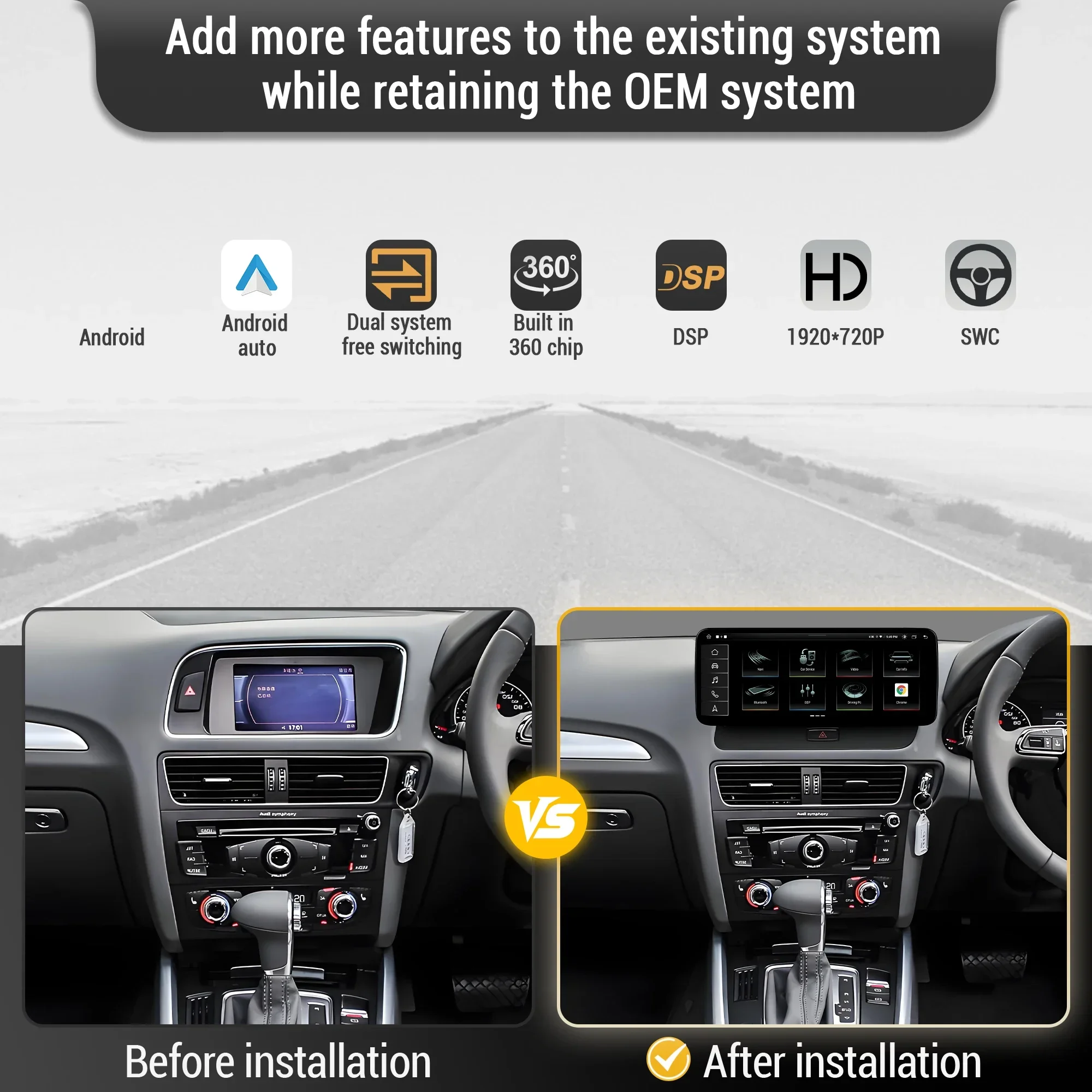 12.3 inch For Audi Q5 2009-2016 Android 14 Right Hand Drive Car Radio Wireless BT Carplay Qualcomm Snapdragon 680 System Screen