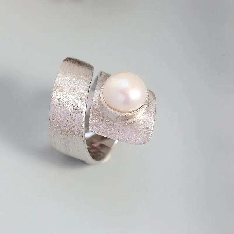 Authentic 925 Sterling Silver Retro Style Opening Ring Inlaid Natural Pearl Rings Handmade Creative Trendy Jewelry Gift