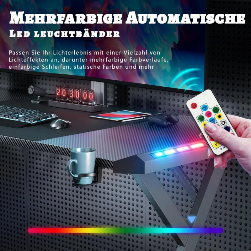 مكتب ألعاب LED مقاس 120 × 60 سم، طاولة مع LED، طلاء قوي من ألياف الكربون PC، طاولة ألعاب