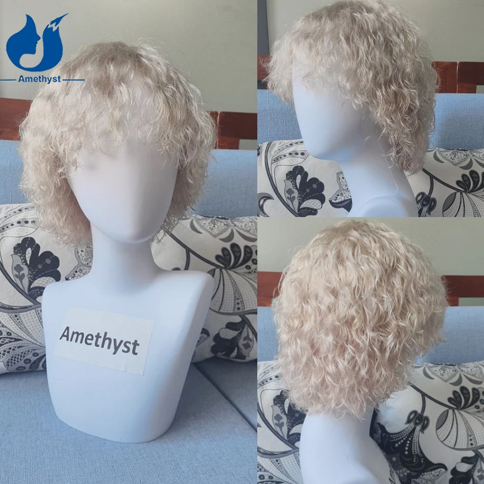 

Мужской парик-каре из натуральных волос Remy, цвет аметистово-белый платиновый блонд, с влажным эффектом, короткий, кудрявый, с челкой, 13x4, на кружевной основе, 60 # Волна