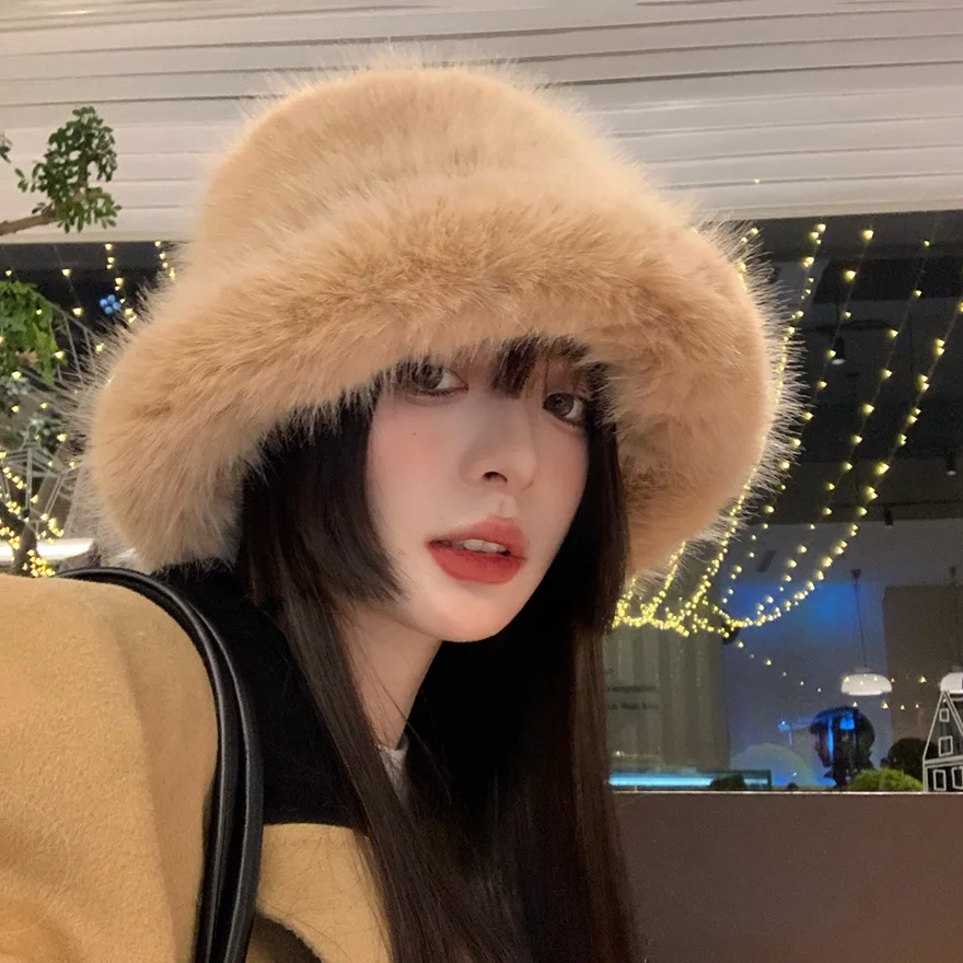 Faux fur mink fur hat for women in autumn and winter,plush fisherman hat,khaki,high-end facial display,small size,warm ear