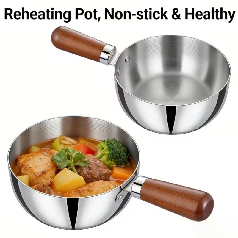 1pc Stainless Steel Saucepan Wooden Handle Milk Soup Pot Baby Food Oatmeal Induction Camping RV Breakfast Home Kitchen Cookware