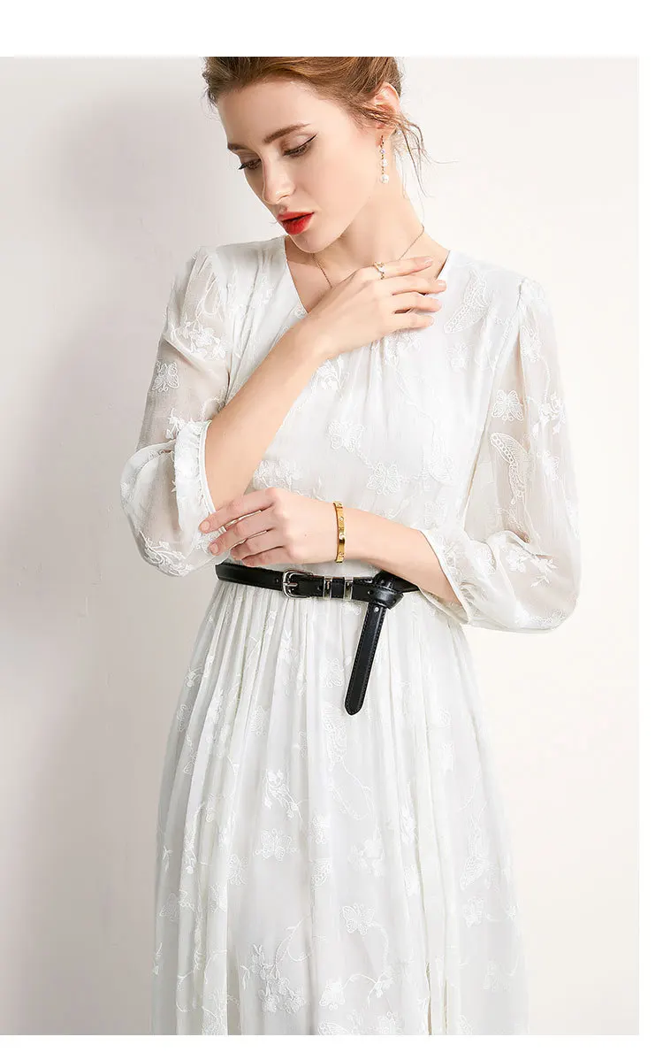 100% Natural Silk Women's Dresses O Neck 3/4 Sleeves Dobby Elegant Fashion Designer Vestidos