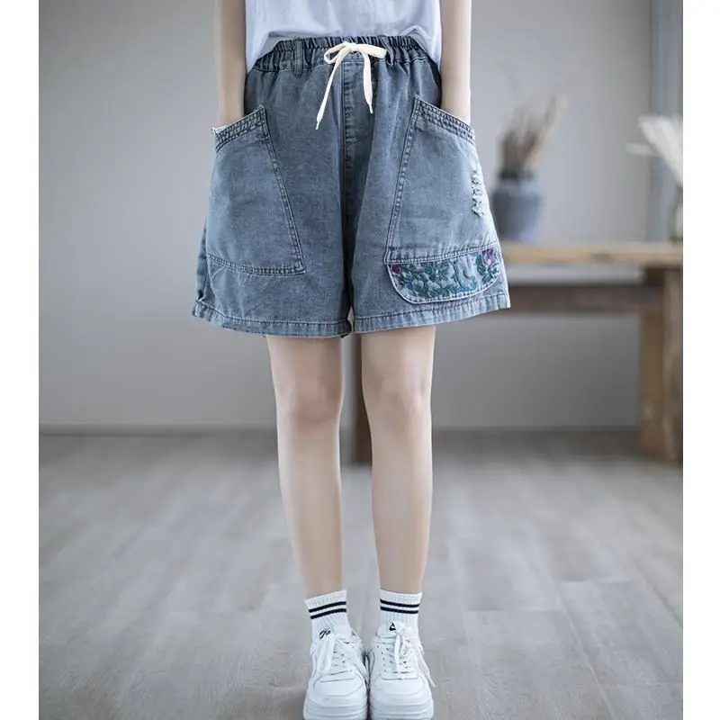 

Fashion High Waist Embroidery Denim Shorts for Female Summer Casual Pockets Spliced Loose Wide Leg Pants Women's Trousers Q837