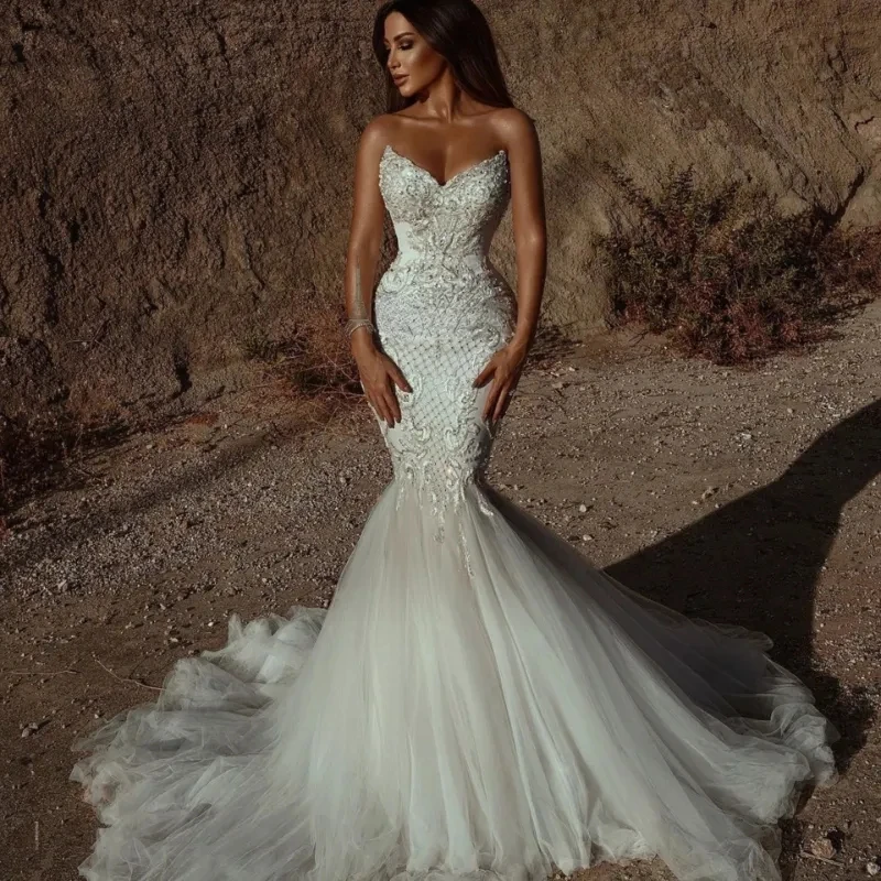 Vestido De Novia De sirena De encaje De lujo 2025, apliques De encaje De tul con cuentas y cristales, Vestidos De Novia con forma De corazón, Vestidos De Novia personalizados