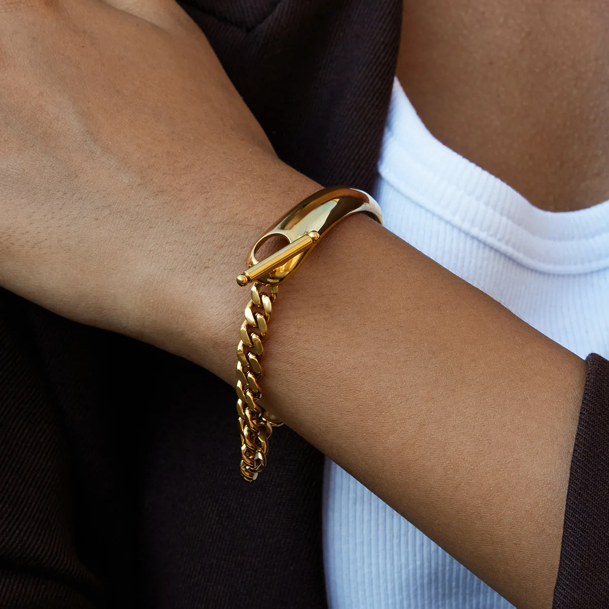 Ars Stainless Steel Toggle Bracelet  for Women Chunky 18K Gold Plated OT Buckle Bangle Bracelets Statement Bracelets for Girls
