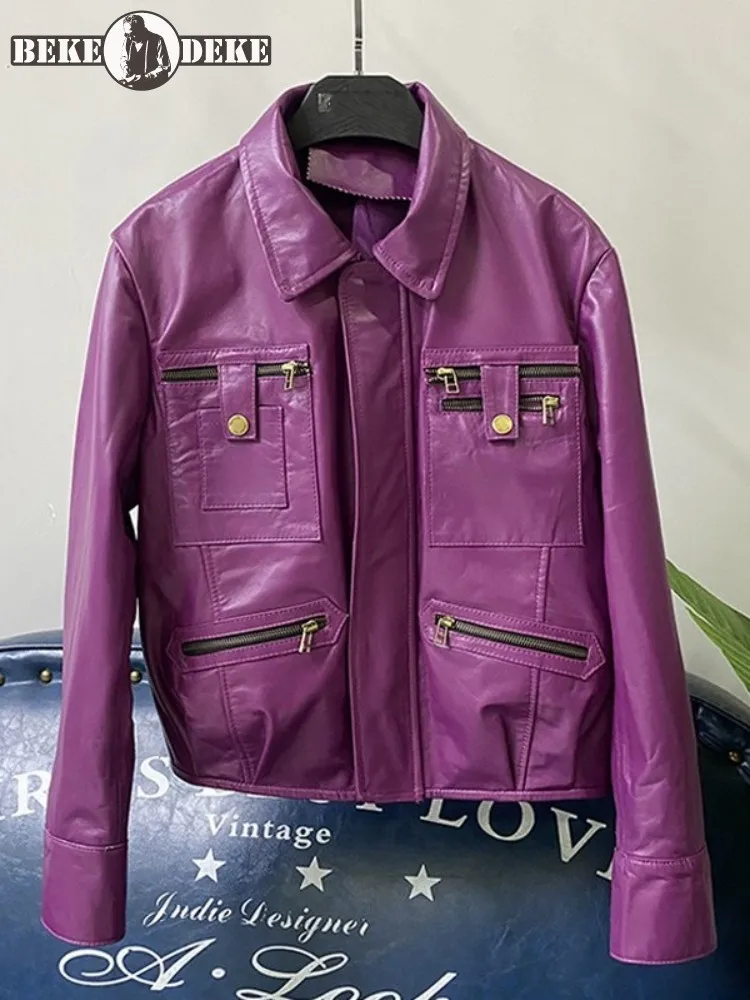 Chaqueta de cuero genuino para mujer, abrigo corto de piel de oveja, con solapa y cremallera, estilo Punk, informal