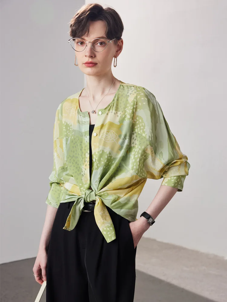 SuyaDream Women Printed Bloused, 100%Silk Crepe De Chine, Round Collar Loose Shirts, 2024  Spring Fall Casual Top, Green