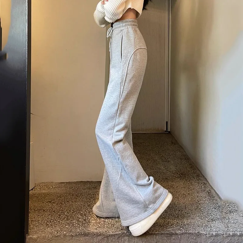 Lucyever Winter Thick Velvet Sweatpants Women Korean Fashion High Waist Flare Pants Woman Solid Lace Up Warm Wide Leg Trousers