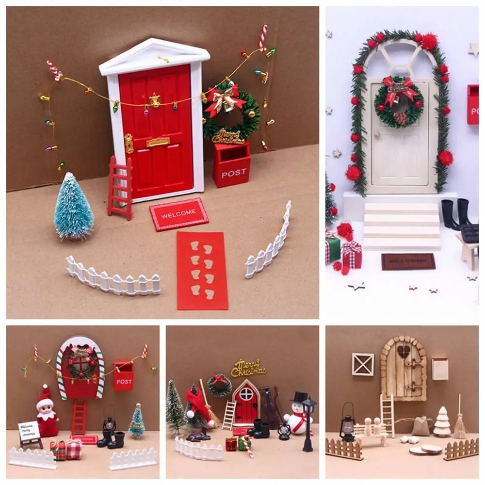 String Hat DollHouse Elf Kit Mini Tree Miniature Scene Fairy Toy House Scene Model Wreath Miniature Elf Door Christmas Decor