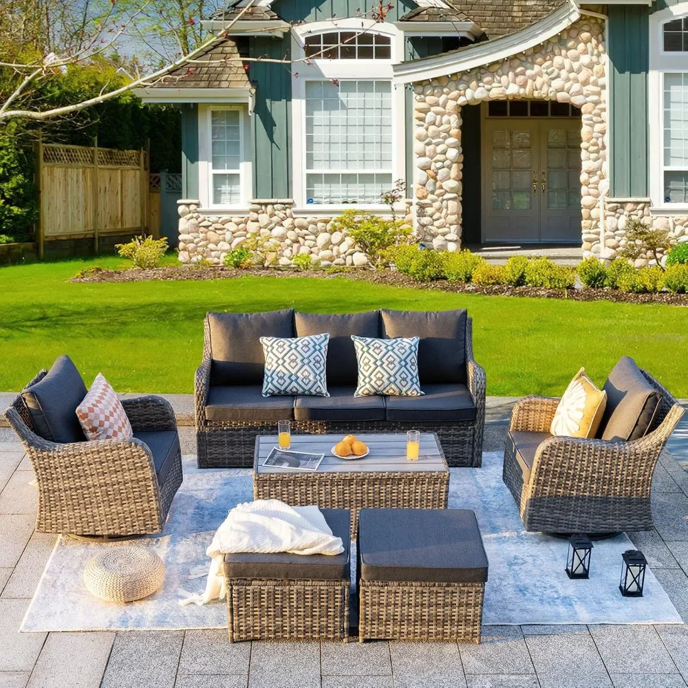 

6Pieces Outdoor Patio Furniture Set,Wicker Patios Conversation Sets, Sectional Furniture Set with 2Swivel Rocker Patio Chair