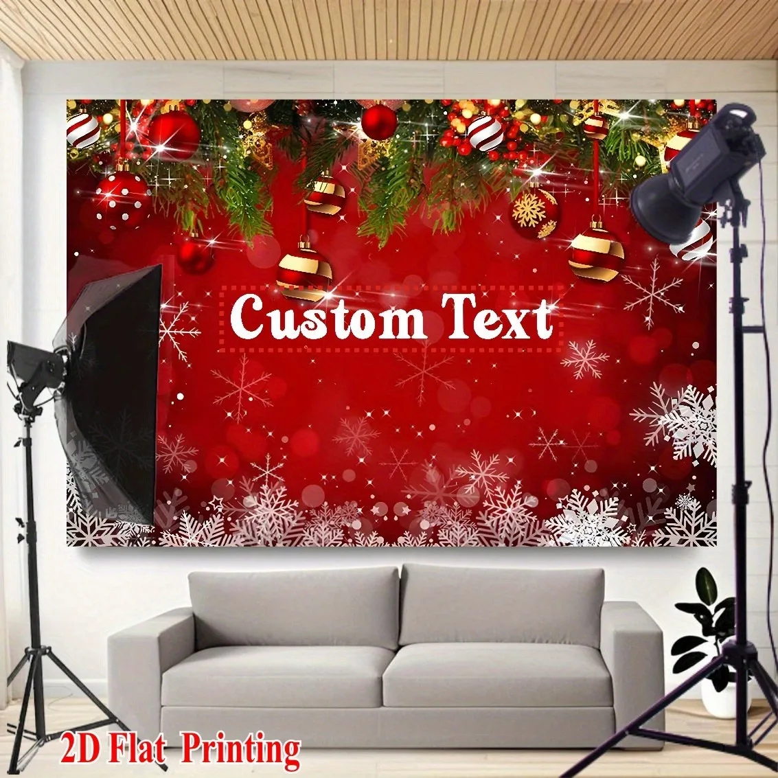 Christmas Backdrop Custom Text Christmas Party Banner Holiday Decor with Red Background Snowflakes Glossy Balls Wall Tapestry