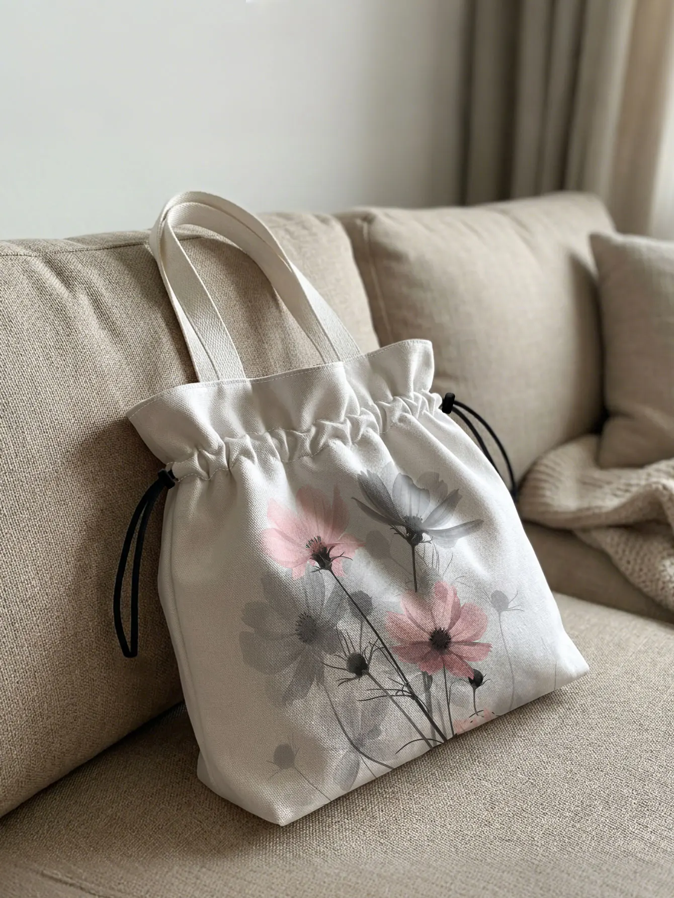 Watercolor Pink Gray Cosmos Floral Print Drawstring Tote Bag Polyester Lightweight Handbag For Lunch Shopping Travel Daily Use