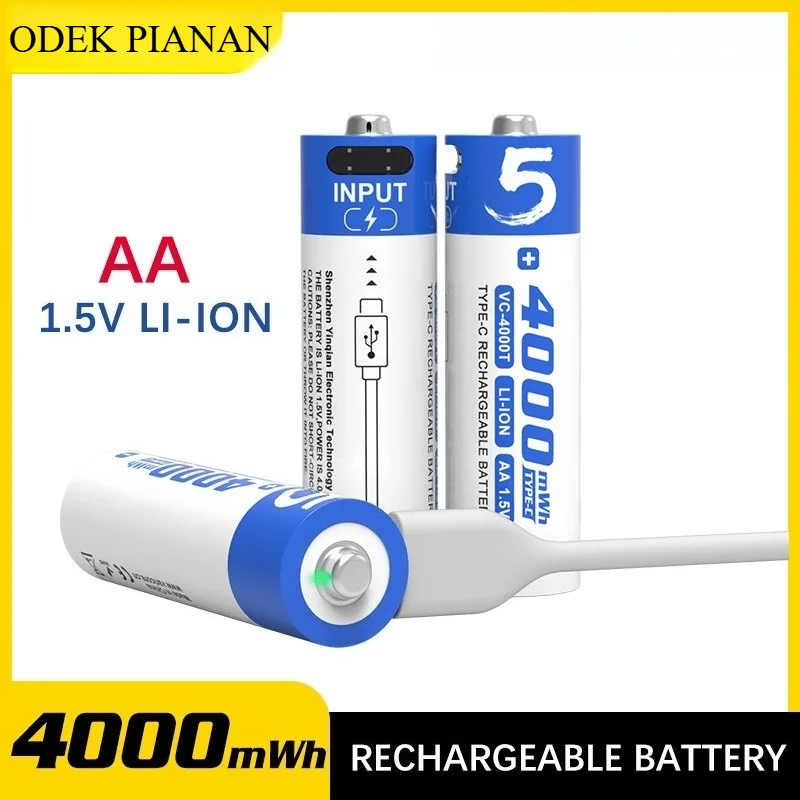 1.5V AA Rechargeable Lithium Battery 4000mWh USB Type-C Charging High Capacity for Flashlights/Toys/Cameras