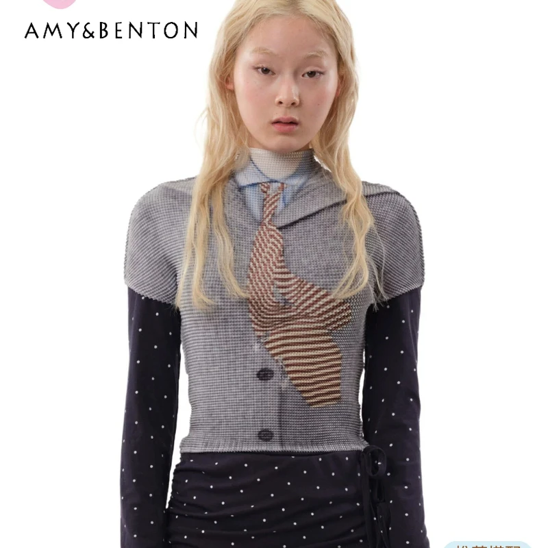 

Gray Optical Illusion Shirt Tie Printed Pleated Women's Top 2026 New Sweet Cool Personality Slimming High Stretch T-shirt Ladies