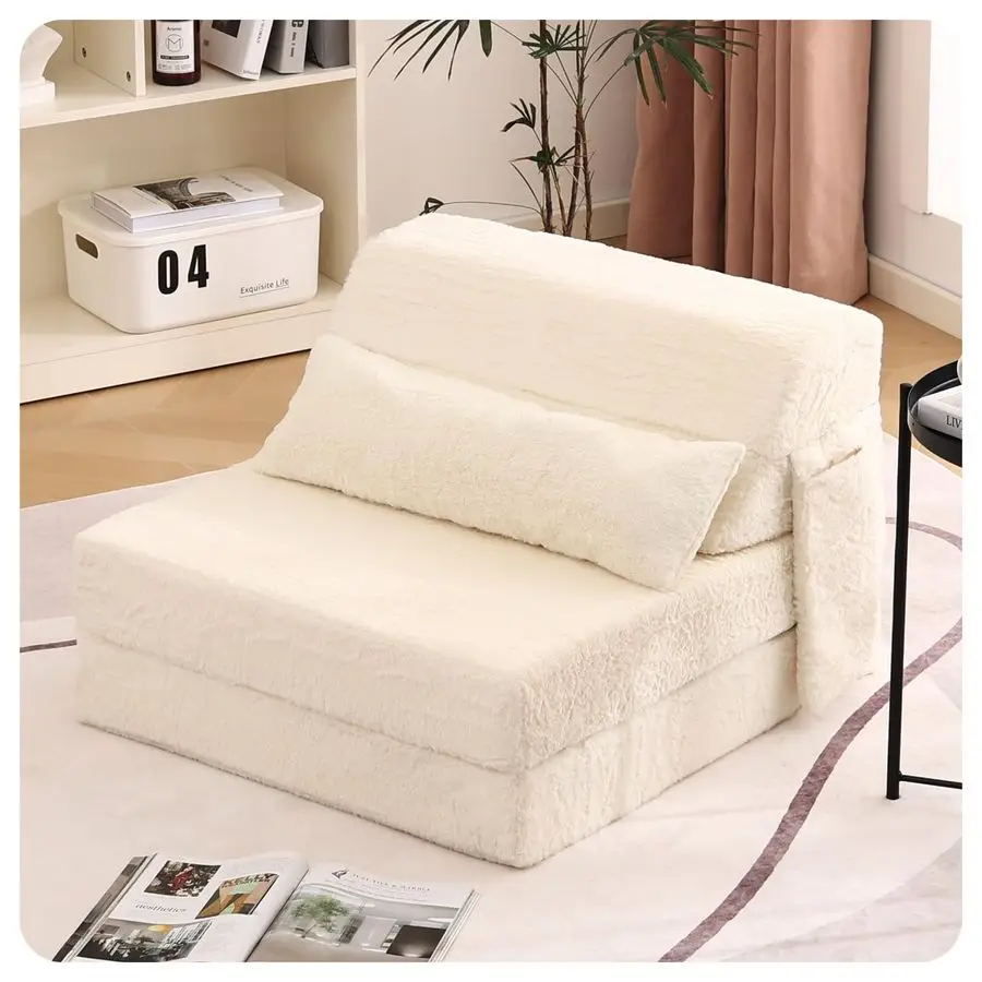 

Folding Sofa Bed with Pillow Single Size Mattress Sleeper Chair Plush Fabric with Side Pocket, Floor Lounger Chair Bed for Livi