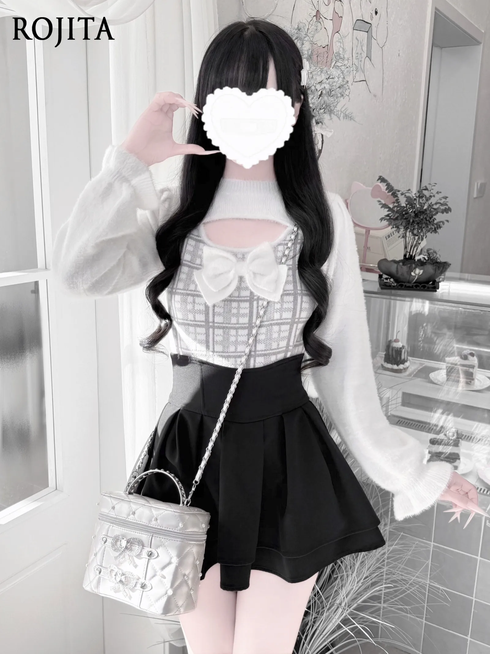 

Высокоэластичный несъемный клетчатый свитер из искусственного меха норки с бантом и длинными рукавами, вязаные модные топы в японском стиле, 2026 женские