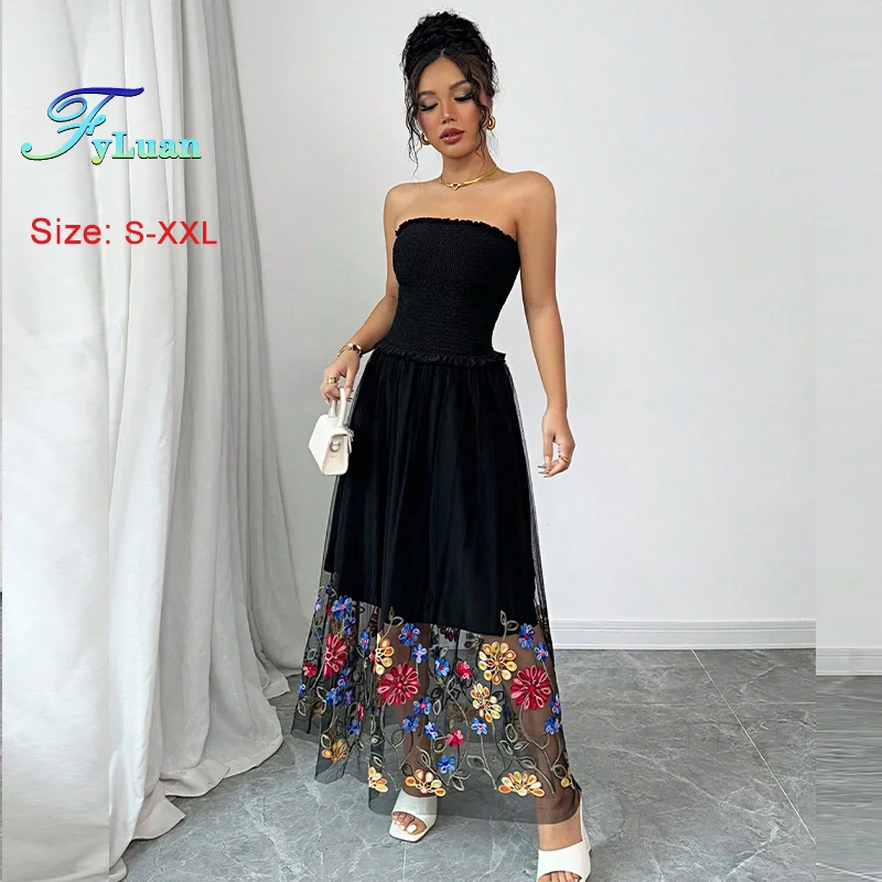 2025 แฟชั่นผู้หญิงสีดําชุดราตรียาวเอวสูงปักตาข่าย Big Swing กระโปรงฤดูร้อนค็อกเทลชุดราตรี