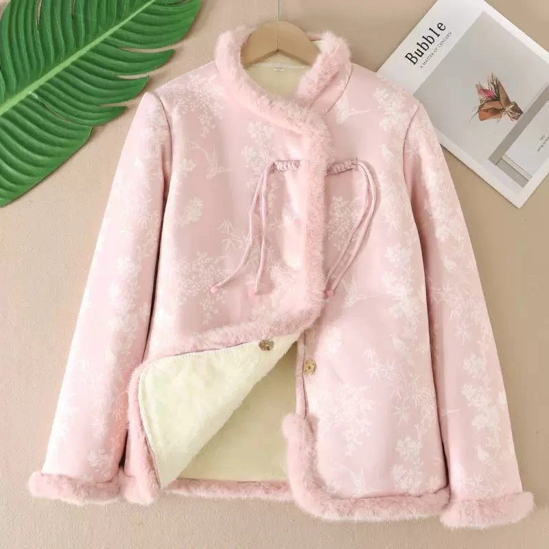 

Зимняя женская хлопковая стеганая куртка в китайском стиле с принтом плюс флисовая теплая стеганая куртка большого размера, женская зимняя парка, верхняя одежда