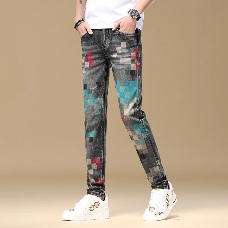 Fashionable mosaic print design jeans for men's summer stretch slim fit small foot trend street personalized denim pants