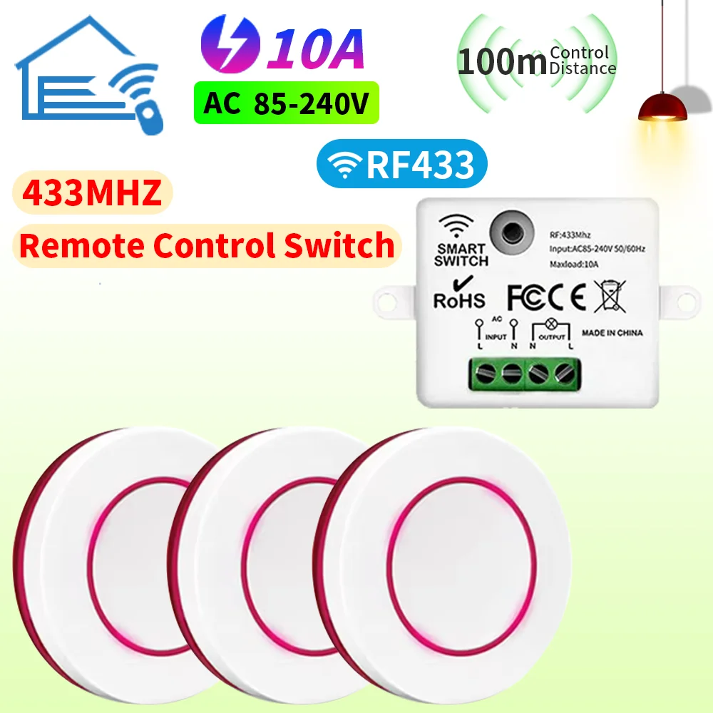 Wireless RF smart light control switch module 433MHz without repeater 220V/110V AC neutral line single-key remote control real-t