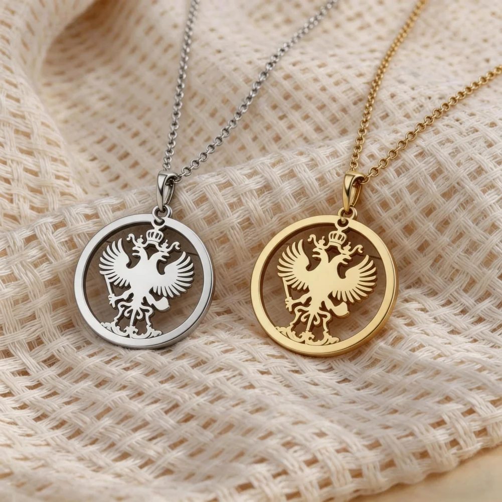 Double Headed Eagle Pendant Necklace for Stainless Steel Coat of Arms Jewelry Hollow Out Round Charm for Men Women Vintage Gifts