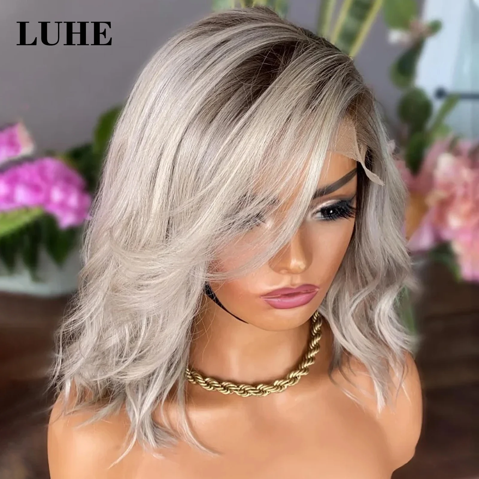 Ombre Ash Blonde Волнистые 13x3 Парики спереди на шнуровке для женщин 16-дюймовый короткий волнистый боб Парик из синтетических волос Коричневый темные корни Кружевной фронтальный парик