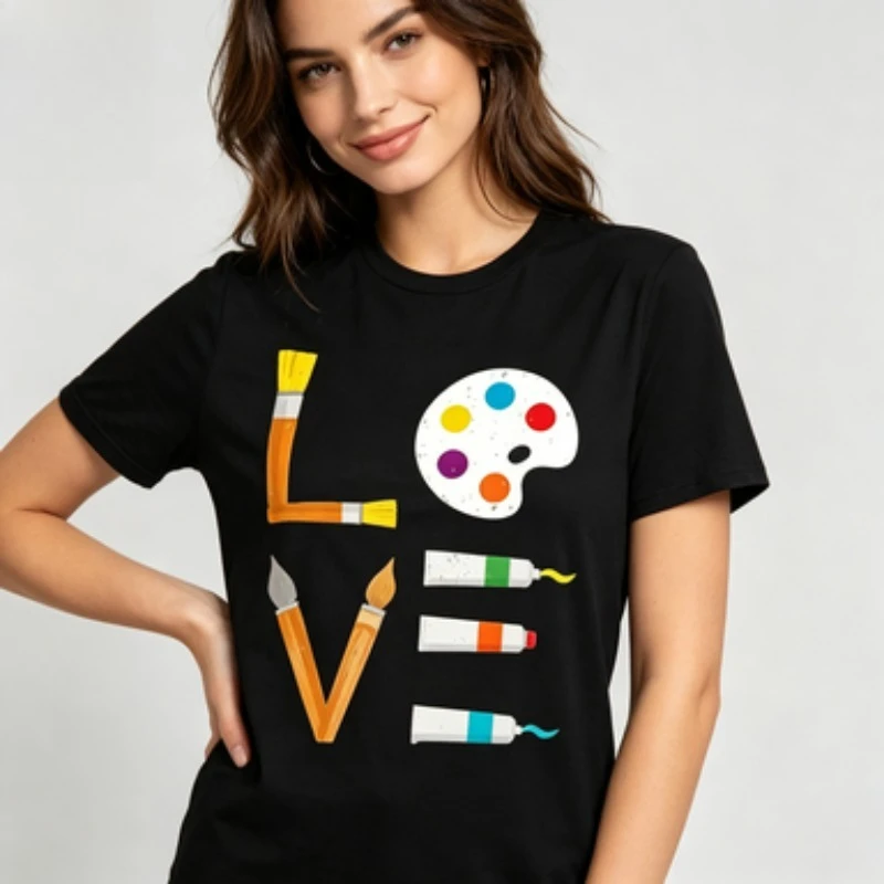 Cotton Basic Top Colorful Brush Palette Paint Tube LOVE Graphic Art Lover Inspirational Design Comfort Loose Short Sleeve Tees