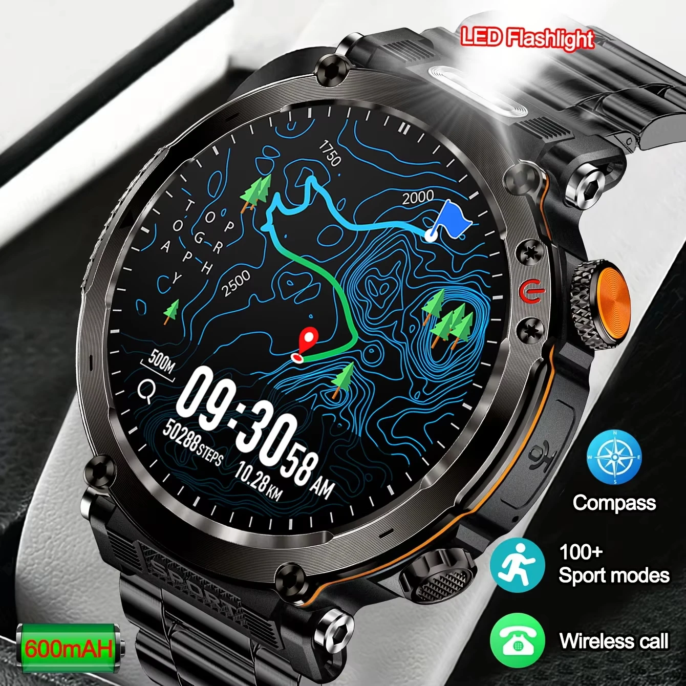 

5ATM уличные умные часы для мужчин 600 мАч светодиодный фонарик SmartWatch компас Bluetooth вызов сердечный ритм IP 68 спортивные умные часы 2025 новинка