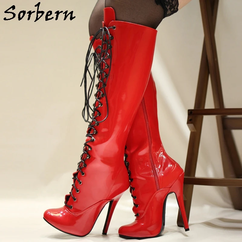 Sorbern Pink Shiny Burlesque High Heels Boots Women Retro Fetish Stilettos Cute Round Toe Lace Up Sissy Boy Hard Shaft Custom