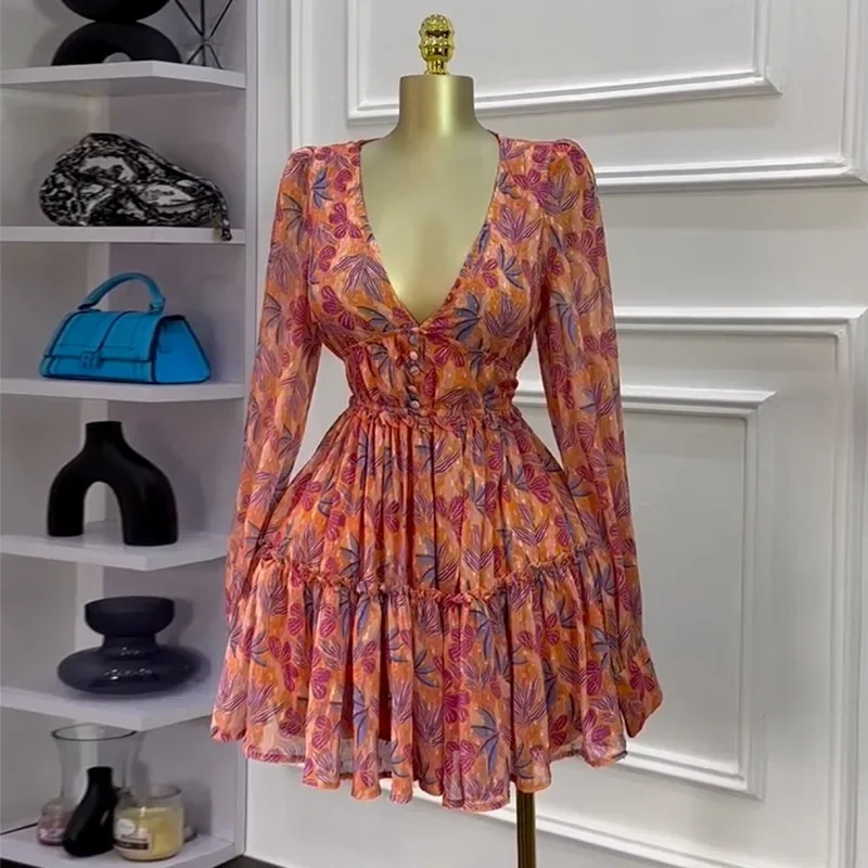 

Women V-neck Long Sleeve Pleated Mini Dress Sweet Elegant Floral Print Sexy Birthday Beach Night Party Vestidos Dresses