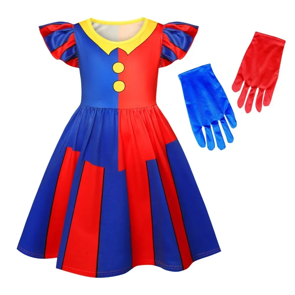 Anime Magical Circus Pomni Cosplay Dress Kids Cute Cartoon Printing Fluffy Sleeves Frock Ragatha Costume Halloween Carnival