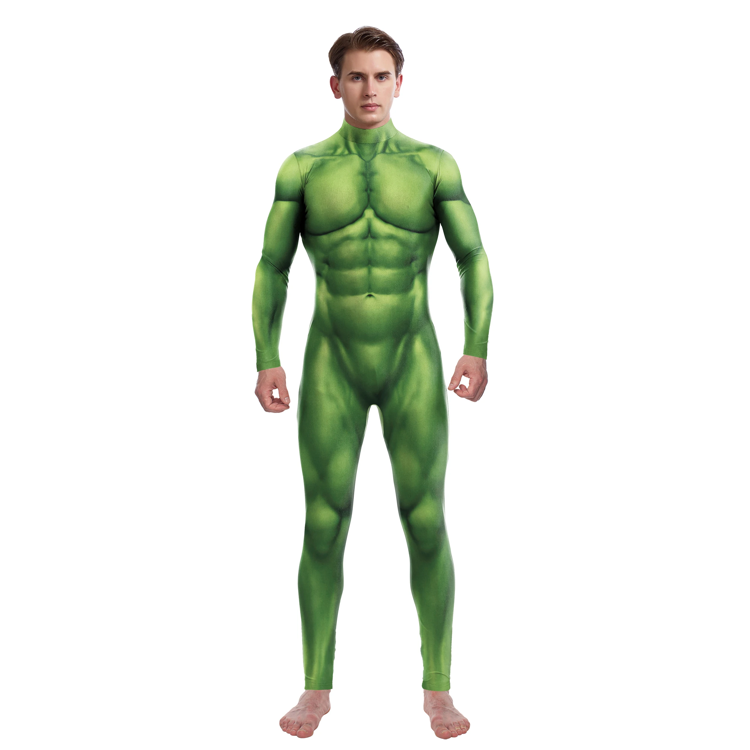 Zawaland Men Fashion Cosplay Costumes Long Sleeve Green Digital Printing Party Bodysuit Holiday Party Funny Jumpsuit Performance