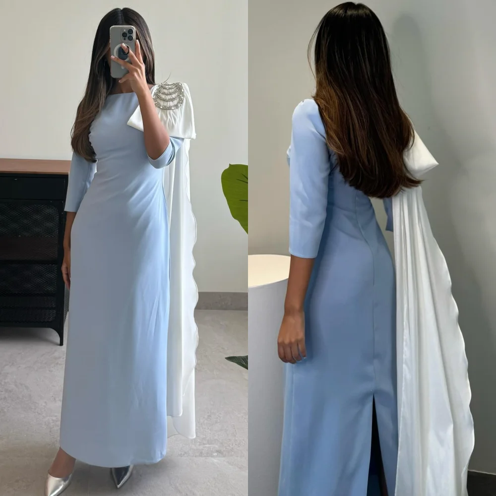 A Linha de cetim vestido de noite com Bow Beading, O-Neck Midi Vestidos, Ocasião Bespoke, Wedding Party, Arábia Saudita