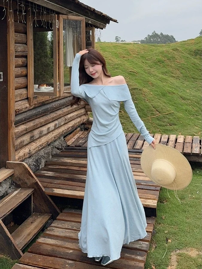 

Fashionable Vacation Style Women's Spring 2026 Asymmetric One-Shoulder Top And Skirt Two-Piece Set Gentle Wind Design