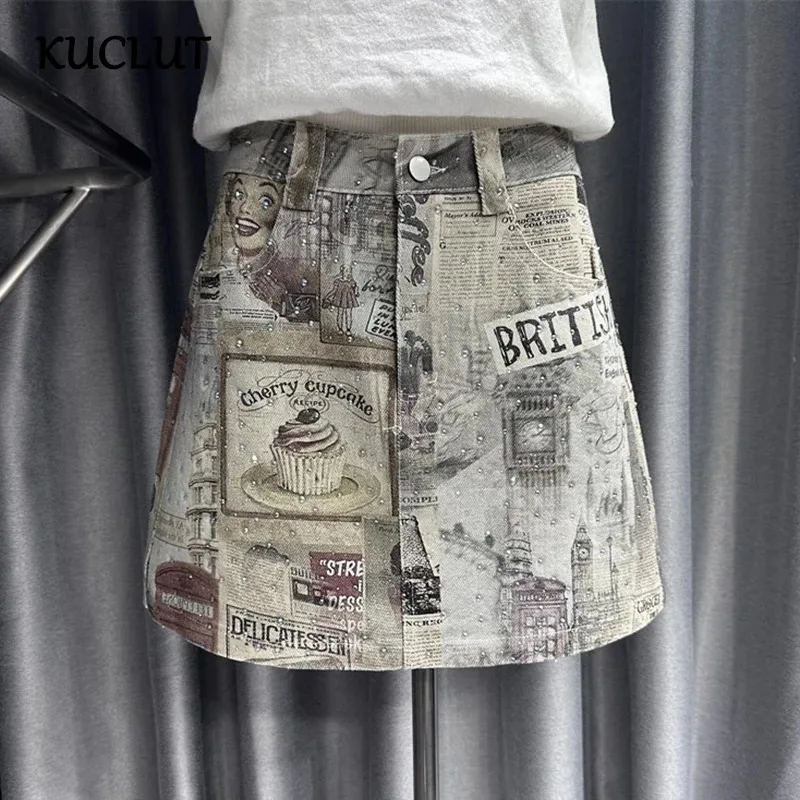 

KUCLUT модная женская джинсовая мини-юбка со стразами и принтом, универсальные короткие юбки с высокой талией и запахом на бедрах, женские модные 1A66