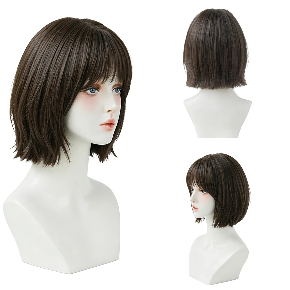

Cool Brown Bob Wig With Full Bangs For Women Natural Looking Short Hair Daily Wear Heat Resistant Synthetic Wig
