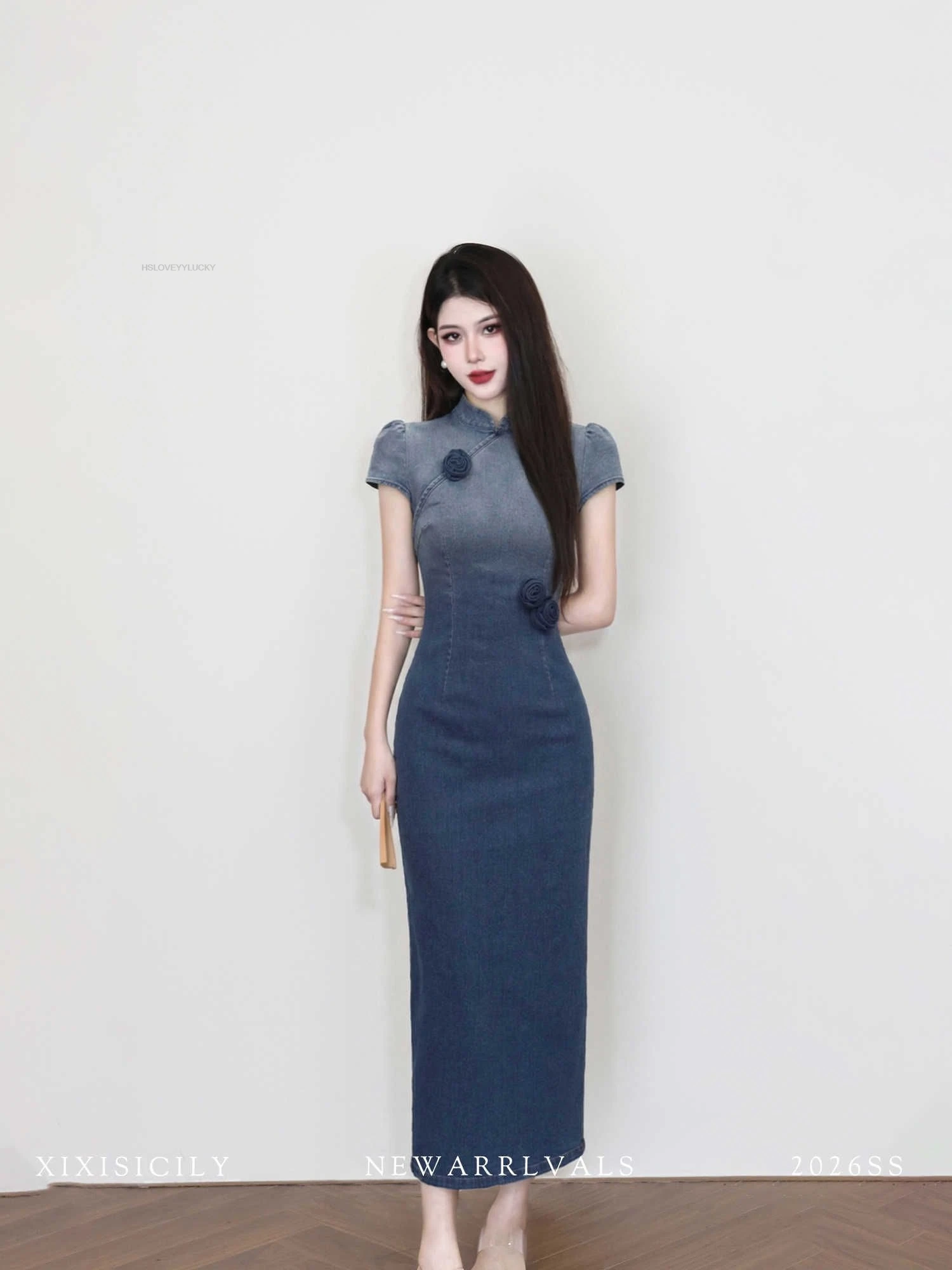 Blue New Chinese Style Modified Cheongsam Dress Women's Spring Long Dress Niche Blue Gown Dress Floral Qipao Dress