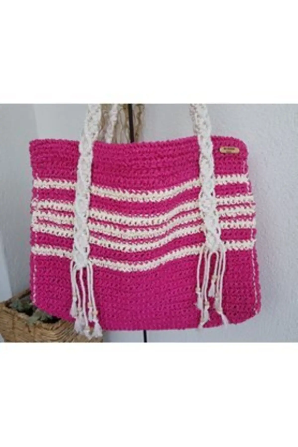 Uras Mesh Bag Women Hand-Knitted Handbag Pink Big size Beach bag Women Bag Shoulder bag Handmade